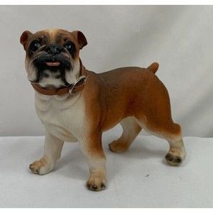 Brown/White Bulldog w/Tongue Sticking Out and Brown Coller Figurine/Statue Resin